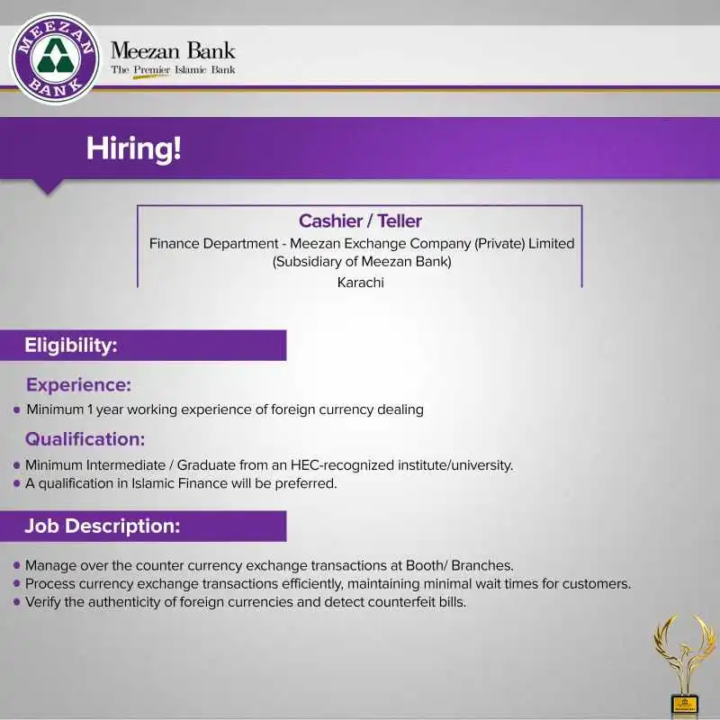 Meezan Bank Cashier Jobs 2024