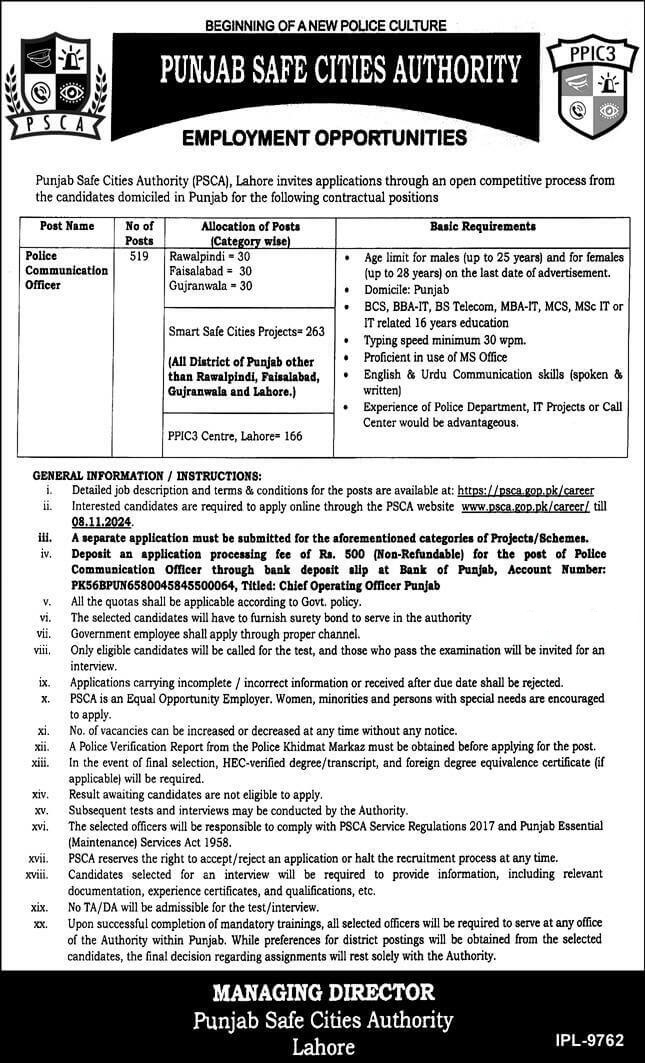 Punjab Safe Cities Authority Jobs 2024 PSCA