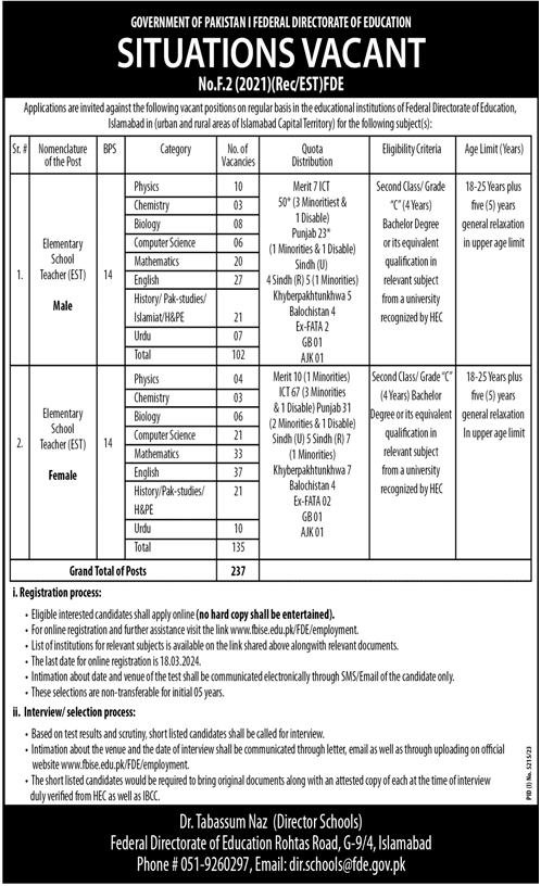 FDE EST Jobs 2024 | Elementary School Teacher Jobs 2024 | tech.fbise.edu.pk