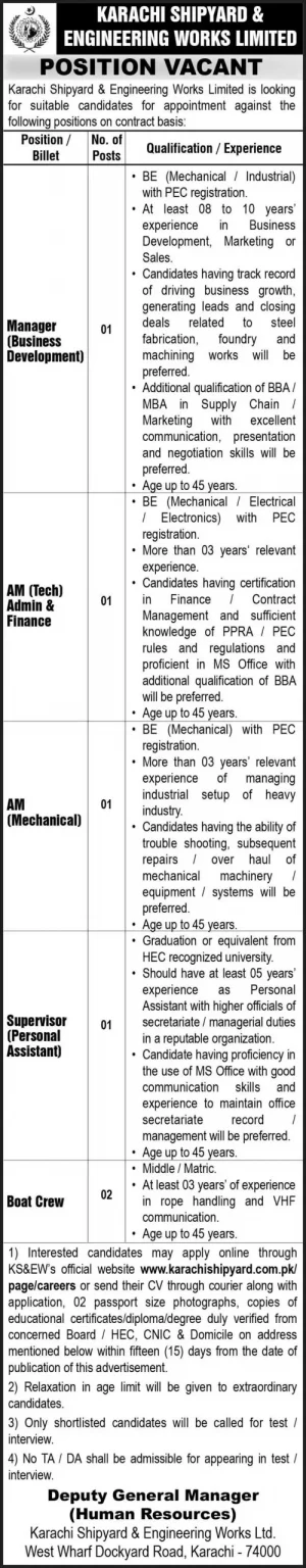 Karachi Shipyard and Engineering Works KSEW Jobs 2024