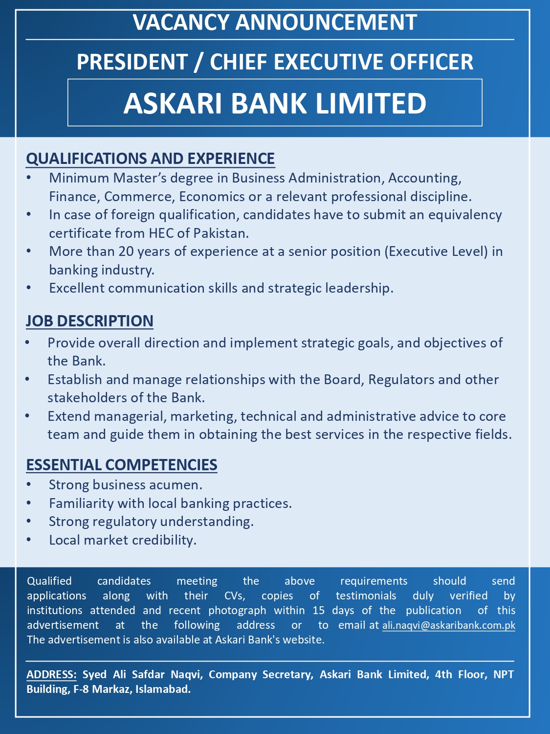 Chief Executive Officer role at Askari Bank | How to apply for CEO role at AKBL