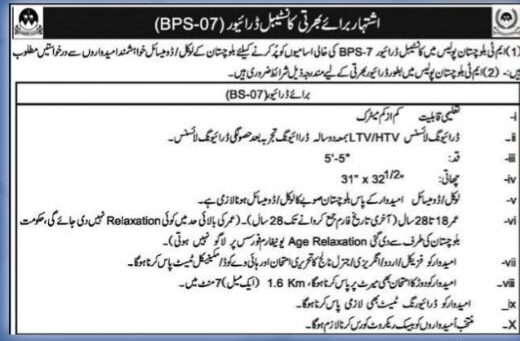 Balochistan Police latest Constable & Driver Jobs 2024